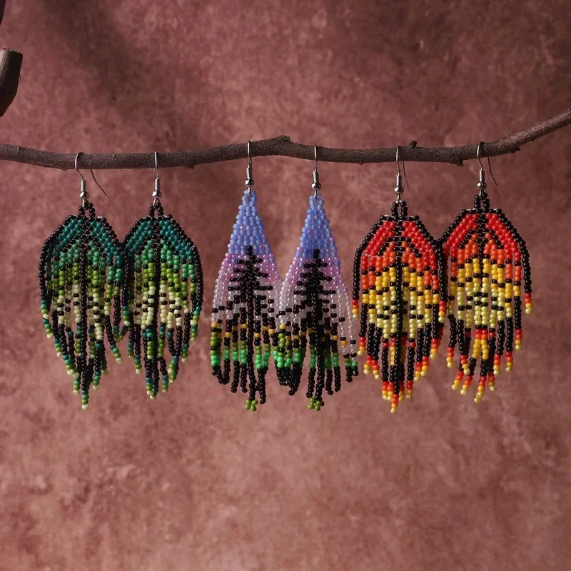 Rice bead earrings Tree Originality Hand knitting Chroma Design Bohemia Alloy Fashion Simple Female Tassel Beaded earrings