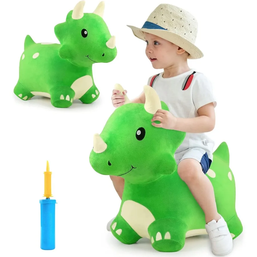 iPlay iLearn Bouncy Pals Giocattolo con tramoggia di dinosauro per ragazzi e bambini piccoli di 2 anni Animali rimbalzanti in peluche Triceratops rimbalzanti