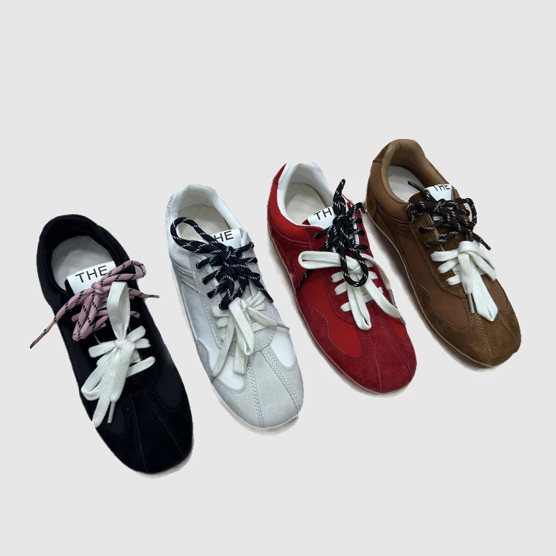 

Женские замшевые двухцветные шнурки из коровьей замши, роскошные дизайнерские брендовые спортивные лоферы Y2k, удобные весенние резиновые повседневные спортивные туфли на плоской подошве, распродажа