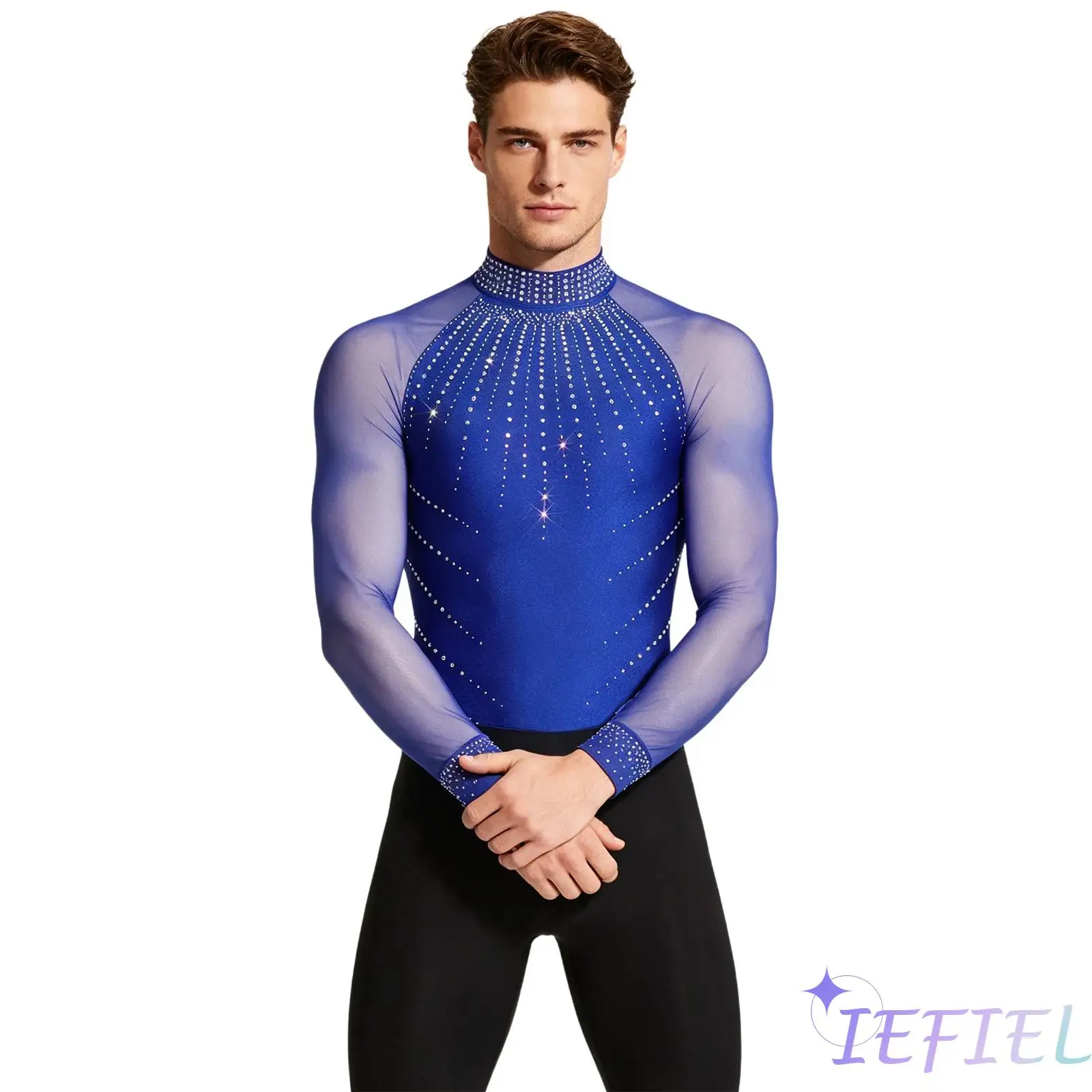 

Mens Figure Skating Dance Leotard Jumpsuit Sparkly Rhinestones Mesh Long Sleeve Bodysuit Elegant Ballet Modern Dance Costume