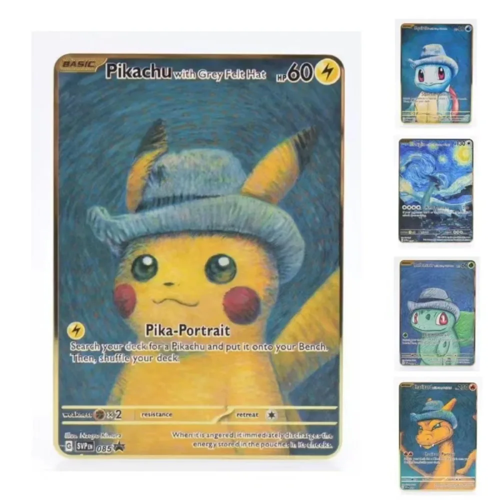 New Van Gogh Museum Pokemon English Metal Card Anime Pikachu Charizard Mewtwo Shiny Letters Game Collection Card Kids Toy Gifts