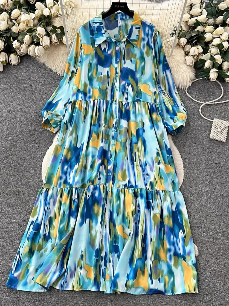 

Summer New Women's Dress Fashionable and Elegant Single Breasted Lantern Sleeves Printed A-line Large Hem Cardigan Lined Dress