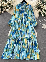 Summer New Women's Dress Fashionable and Elegant Single Breasted Lantern Sleeves Printed A-line Large Hem Cardigan Lined Dress