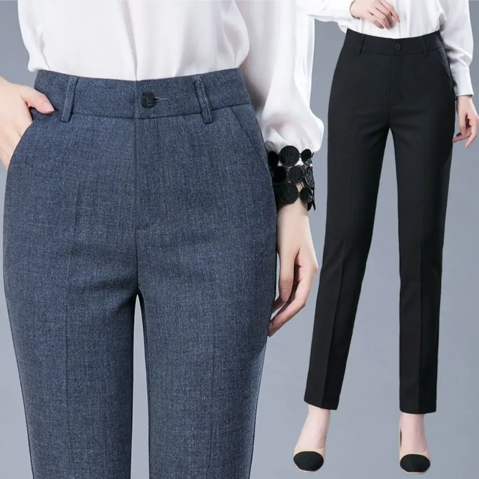 

Spring Autumn Office Lady Fashion Pencil Pants Korean Profession Women Button Pockets High Waist Solid Casual Straight Trousers