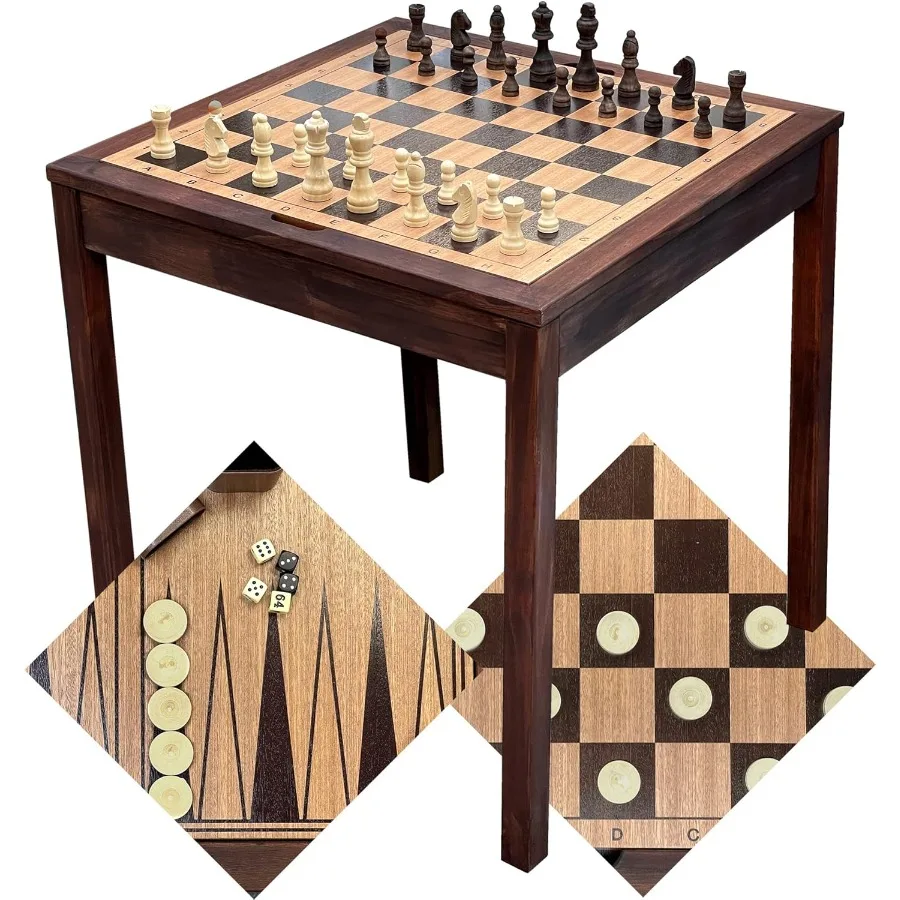 

Wooden Chess Table for Chess Checkers Backgammon 3 in 1 Game Set 25 x 25 4 King Natural Finish Premium Quality with Storage Spa