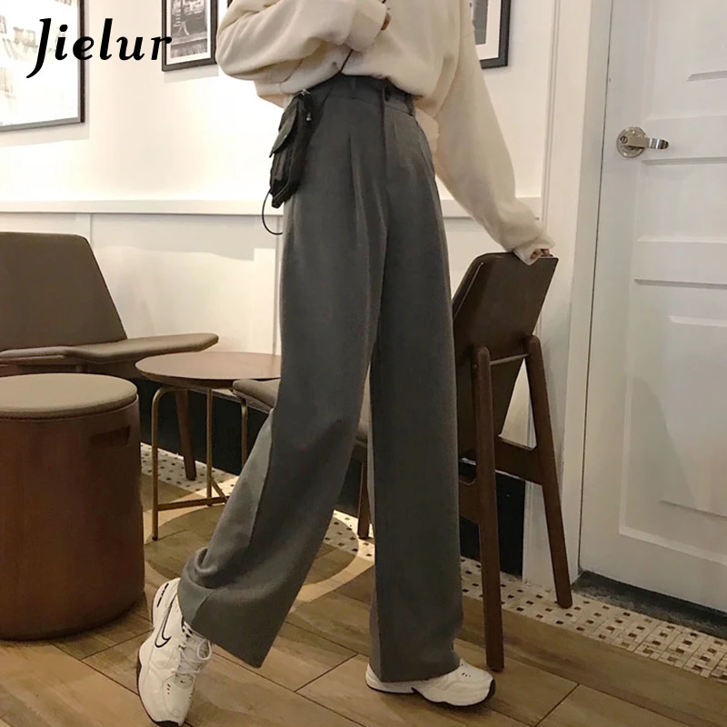 

Gray Women Suit Pants High Waist Casual Wide Leg Pants Korean Office Ladies Formal Loose Trousers Pockets Zipper Pantalon Femme