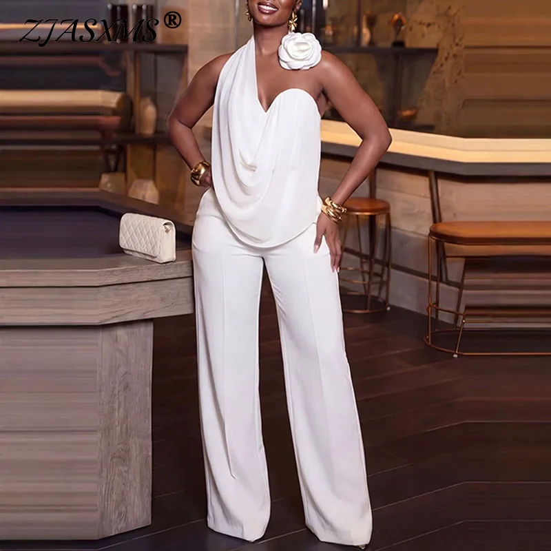 Damen Zweiteiliges Outfit mit Rückenfreiem Neckholder-Top, Ärmellos, 3D-Blumendekoration, und Weiten Hosen - Elegantes Abendparty-Set