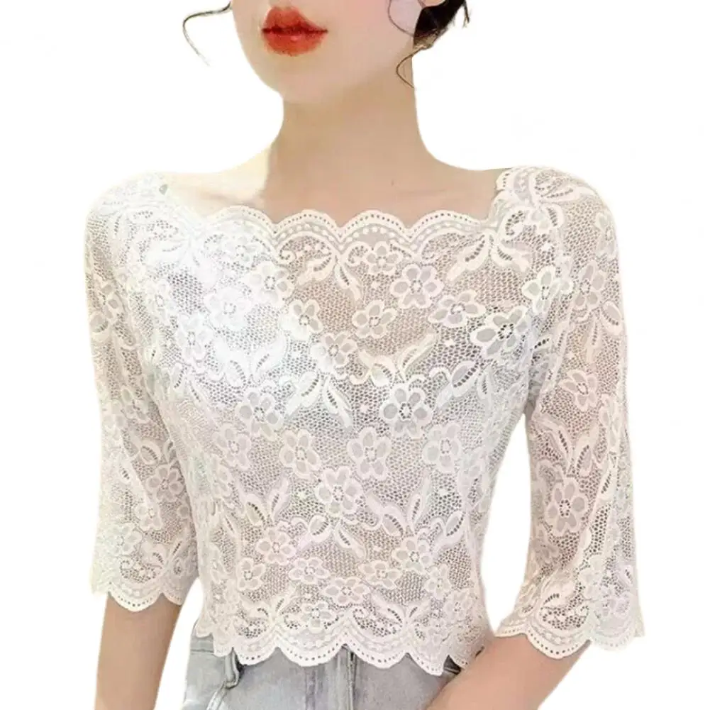 Women Tops Lightweight Women Lace Tops Stylish Women's Summer Lace Tops Embroidered Cropped Blouse Floral Tee See-through for A