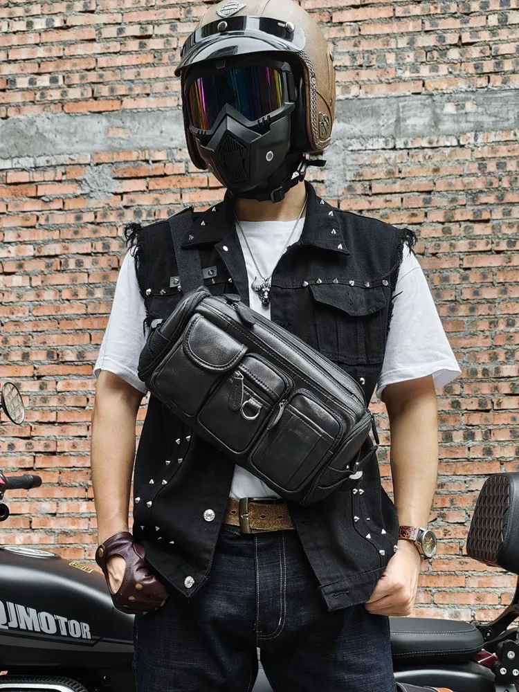 Men Zipper Cowskin Genuine Leather Single Shoulder Bag Multi Pocket Crossbody Bag High Street Versatile Male Motorcycle Riding