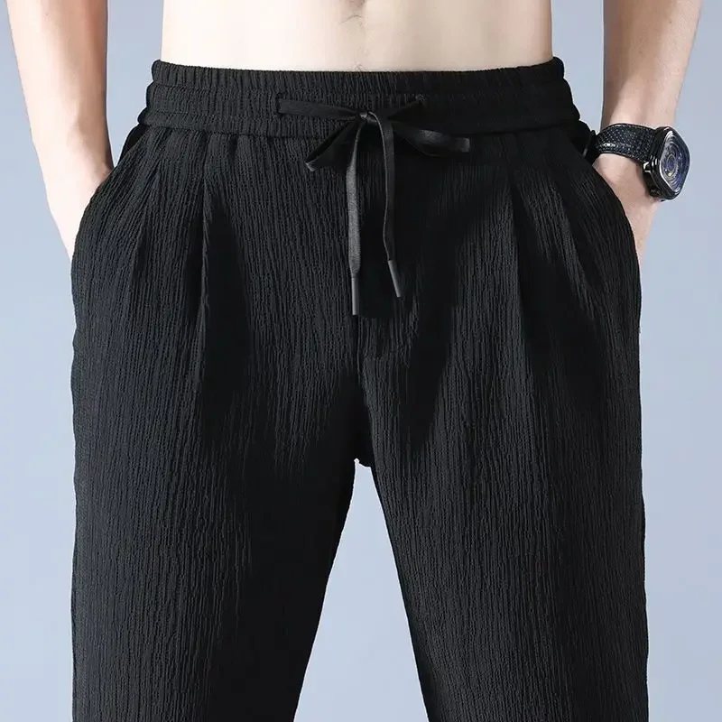 

2026 New Summer Ice Silk Man Jogger Linen Pants Casual Wide Summer Sweatpants Male Spring Lightweight Halking Harem Trousers