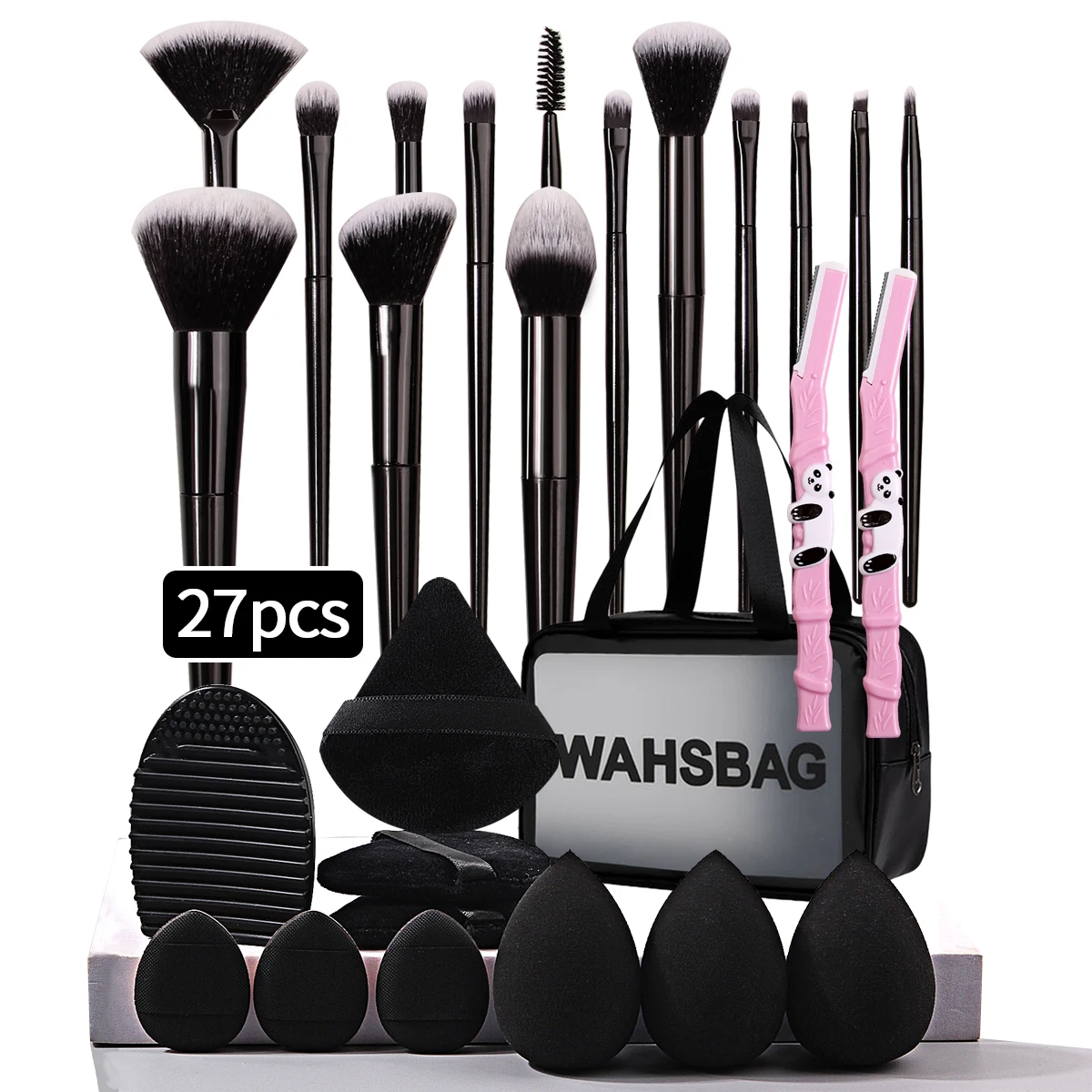 Portable 27pcs Makeup Tool Kit 14pcs Foundation Contour Eyeshadow Makeup Brush with Powder Puff Eyebrow Razor Cleaning Bowl