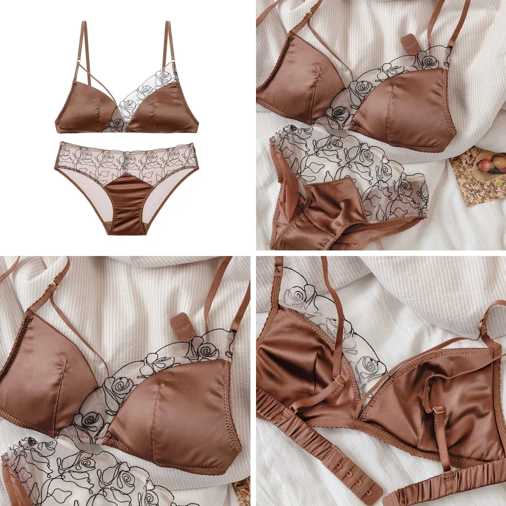 

Dark Night Mocha Satin Lace Embroidery Women's Bra Set, Push Up Minimizer Underwire (Characters: 68)