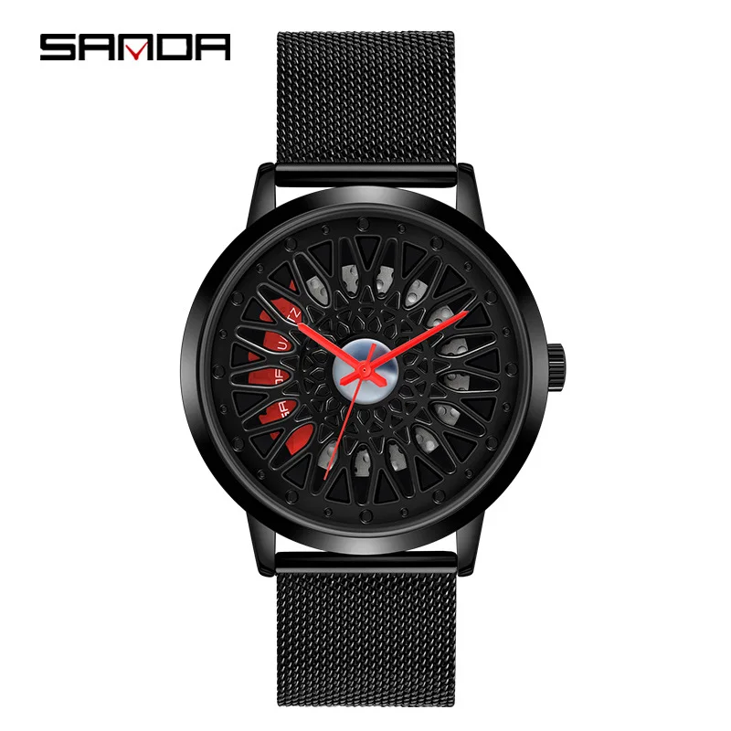 Sanda-ساعة يد تناظرية للرجال ، عجلة سيارة 1060 ، تصميم مجوف ، قرص منحوت ، حزام مضاد للمياه ، حركة كوارتز اختيارية ، موضة