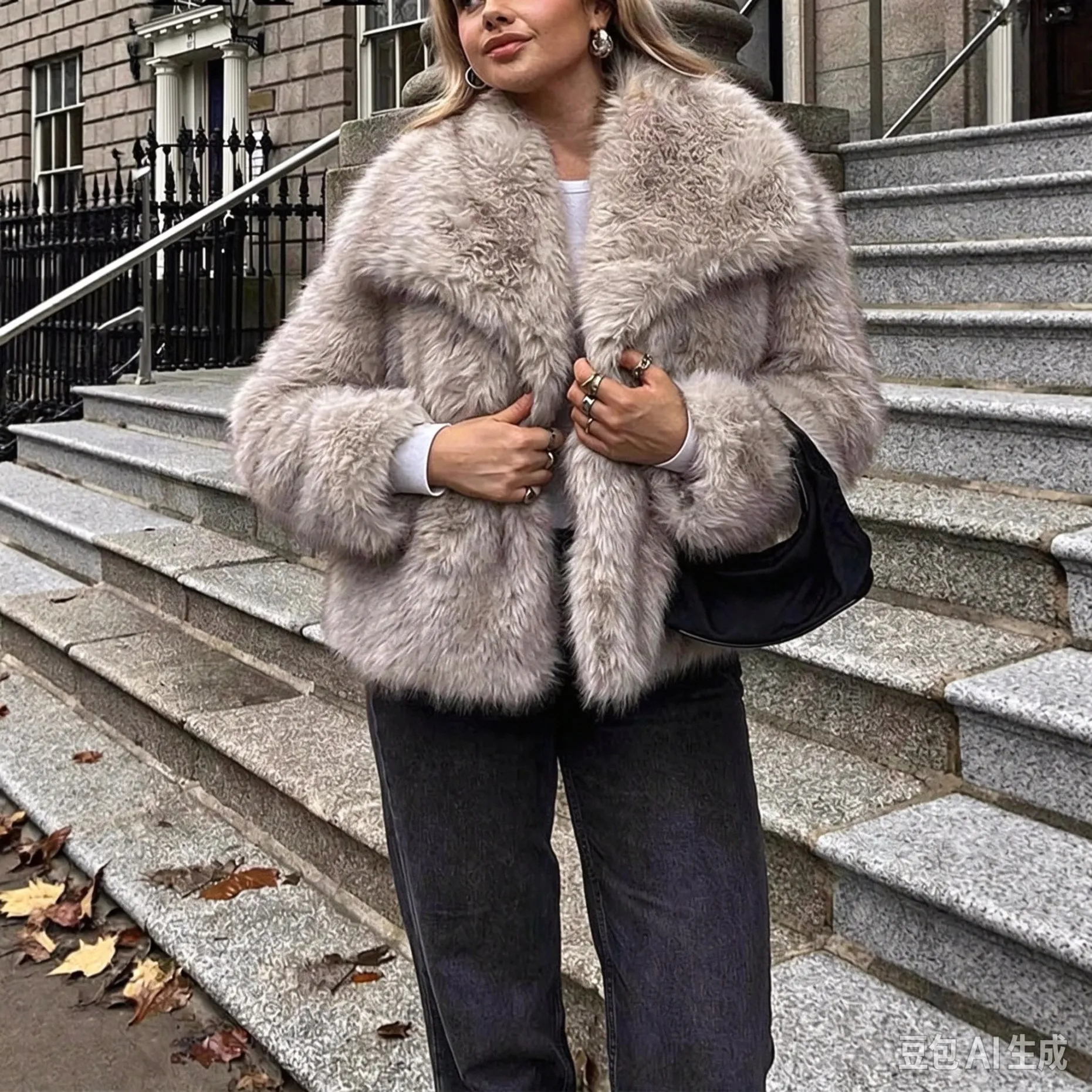 Women's Faux Fur Short Top With A High-end Feel Featuring A Lapel And Open Front Long Sleeves For Warmth And Fluffy Winter Wear