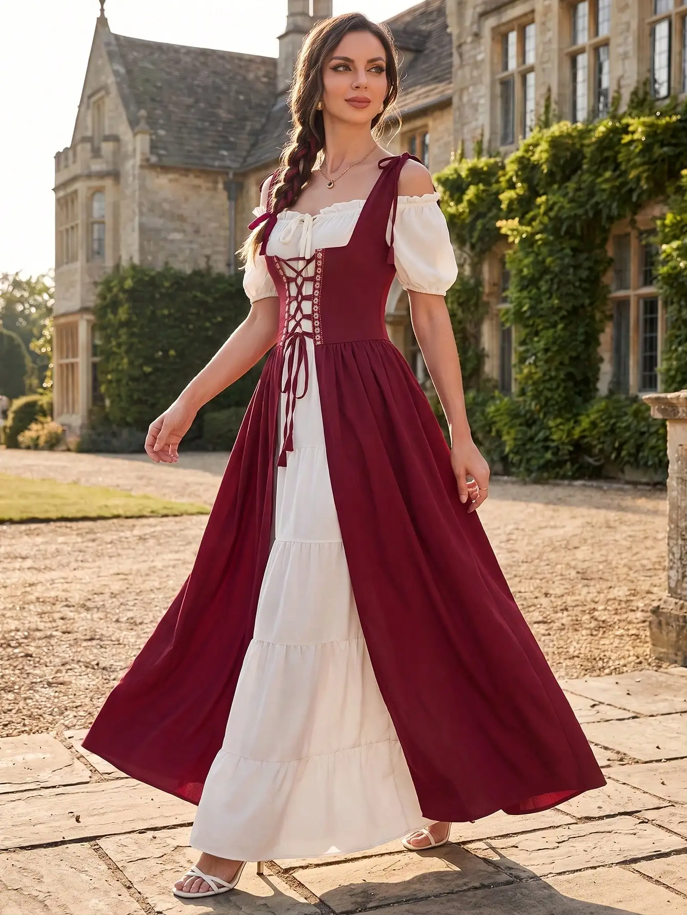 Mittelalterliches Renaissance-Maxikleid, schulterfrei, mit Puffärmeln, Schnürkorsett, Vintage-Stil, für Schlosspartys, Cosplay, langes Kleid – Detail 3