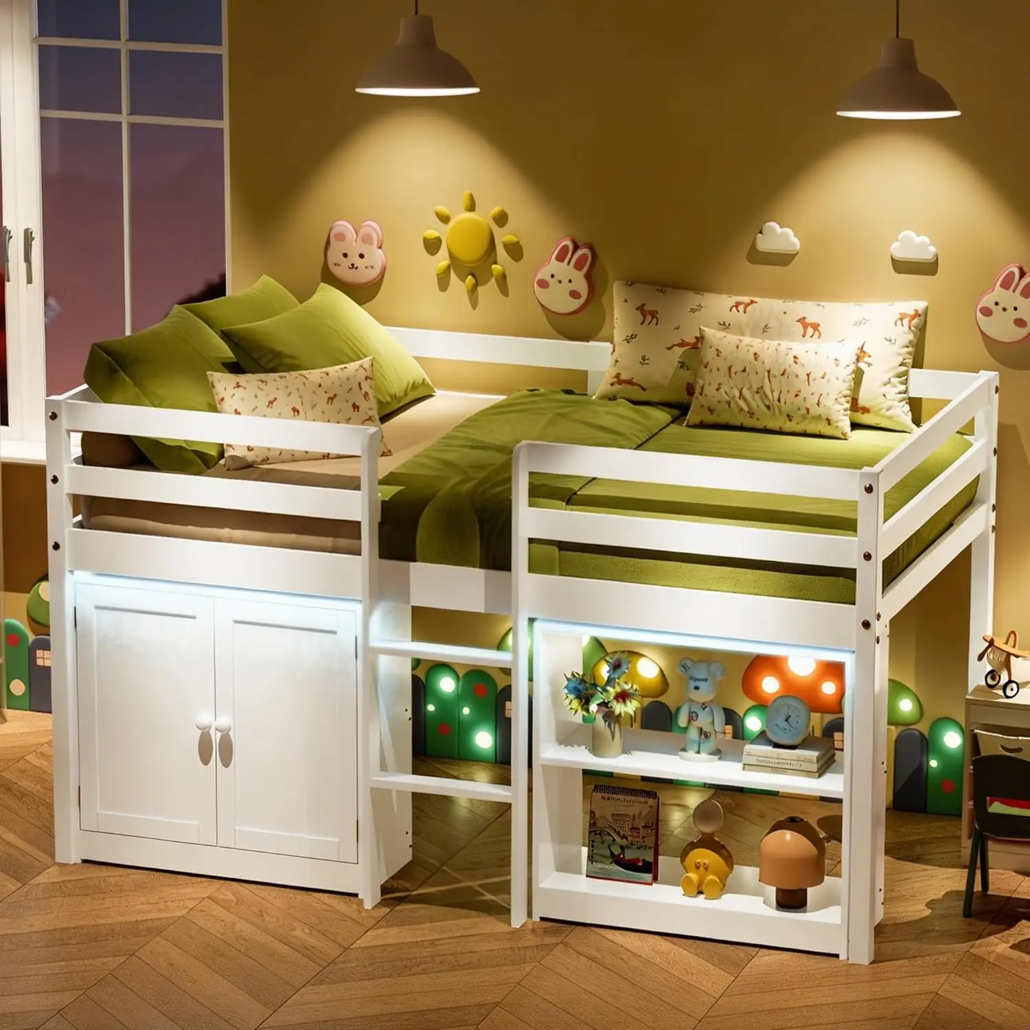 

Wood Low Loft Bed Twin Size with Storage Cabinet, Shelf and LED Lights, Wooden Kids Loft Bed with 14" H Safety, Customized