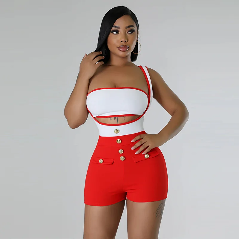 

2024 Summer Contrast Colors Slim Spicy Girls 2 Piece Set Women Sexy Strapless Crop Top Fashion Bodycon Rompers Casual Streetwear