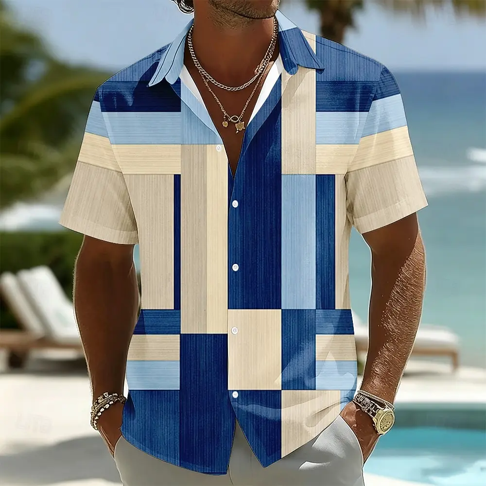 Multi Color Contrast Block Plaid Men Shirts Thin Loose Lapel Tops For Pool Beach Holiday Trip