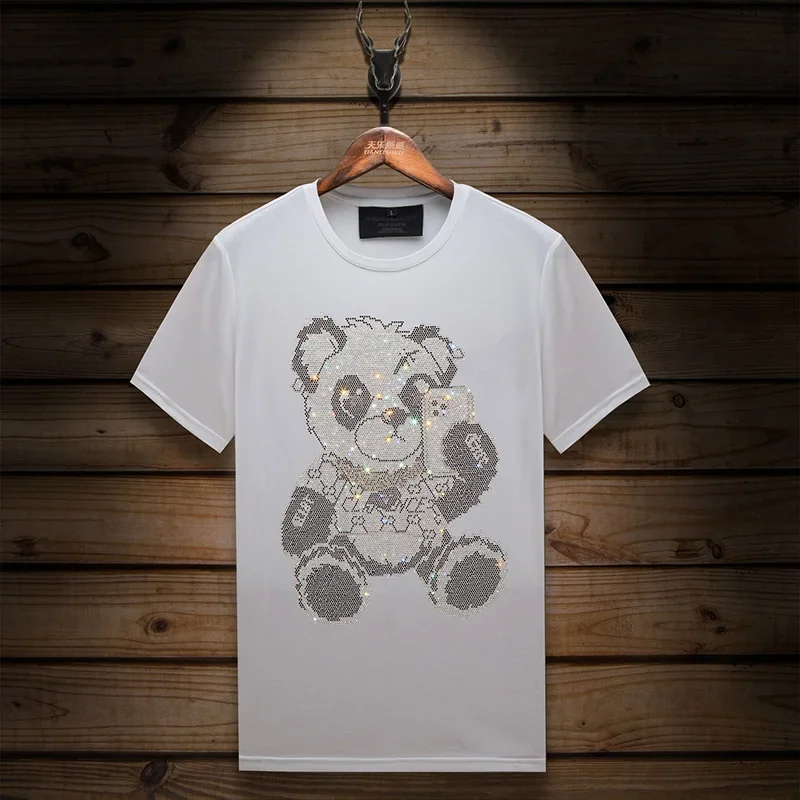 2024 Bear Rhinestones Cartoon T Shirts Men Clothing High Quality Short Sleeve Fashion Streetwear  Casual O Neck Slim T-shirt Man