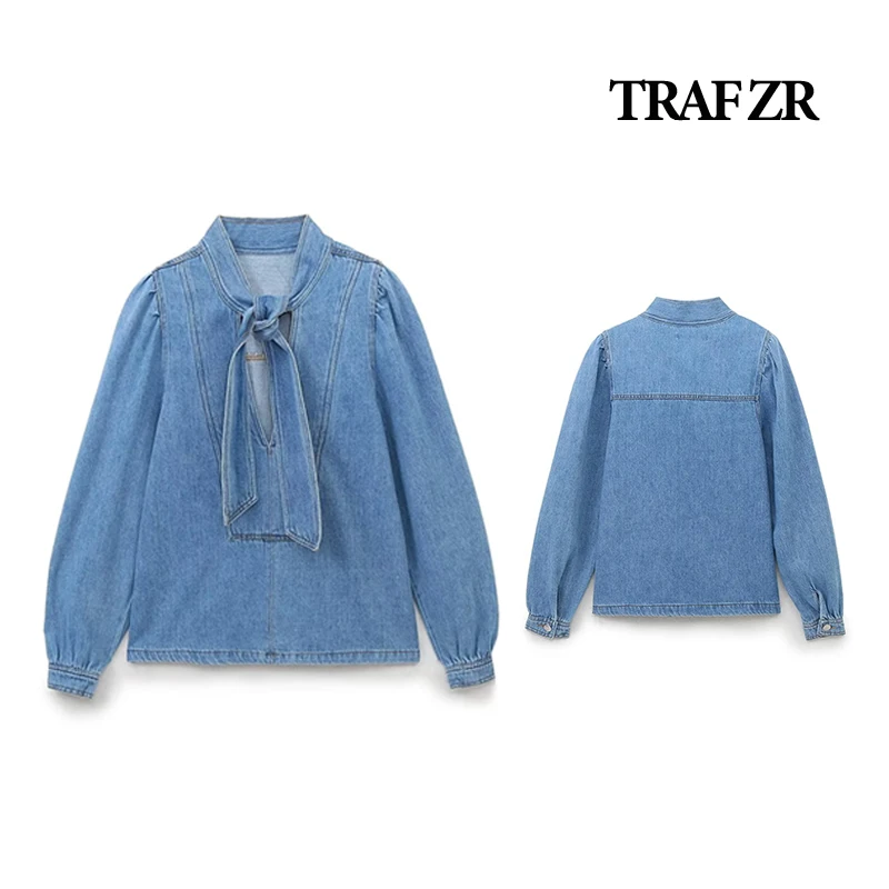 TRAF ZR Denim Pullover with Scarf Collar Casual Long Sleeve Blouse A-Line Midi Skirt with Pockets Elegant 2 Piece Sets for Women