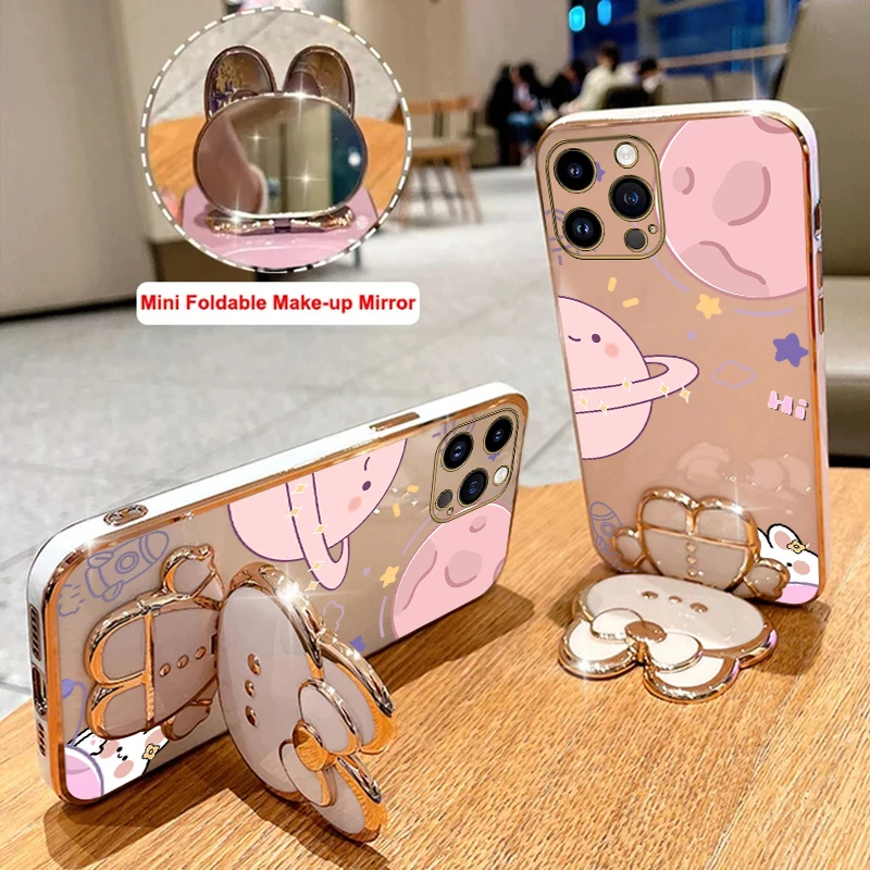 Planet Mirror Rabbit Phone Holder Case On For iPhone 14 11 12 13 Pro Max Mini 8 7 6 6S Plus 10 X Xr Xs Max SE 14pro 13mini Cover