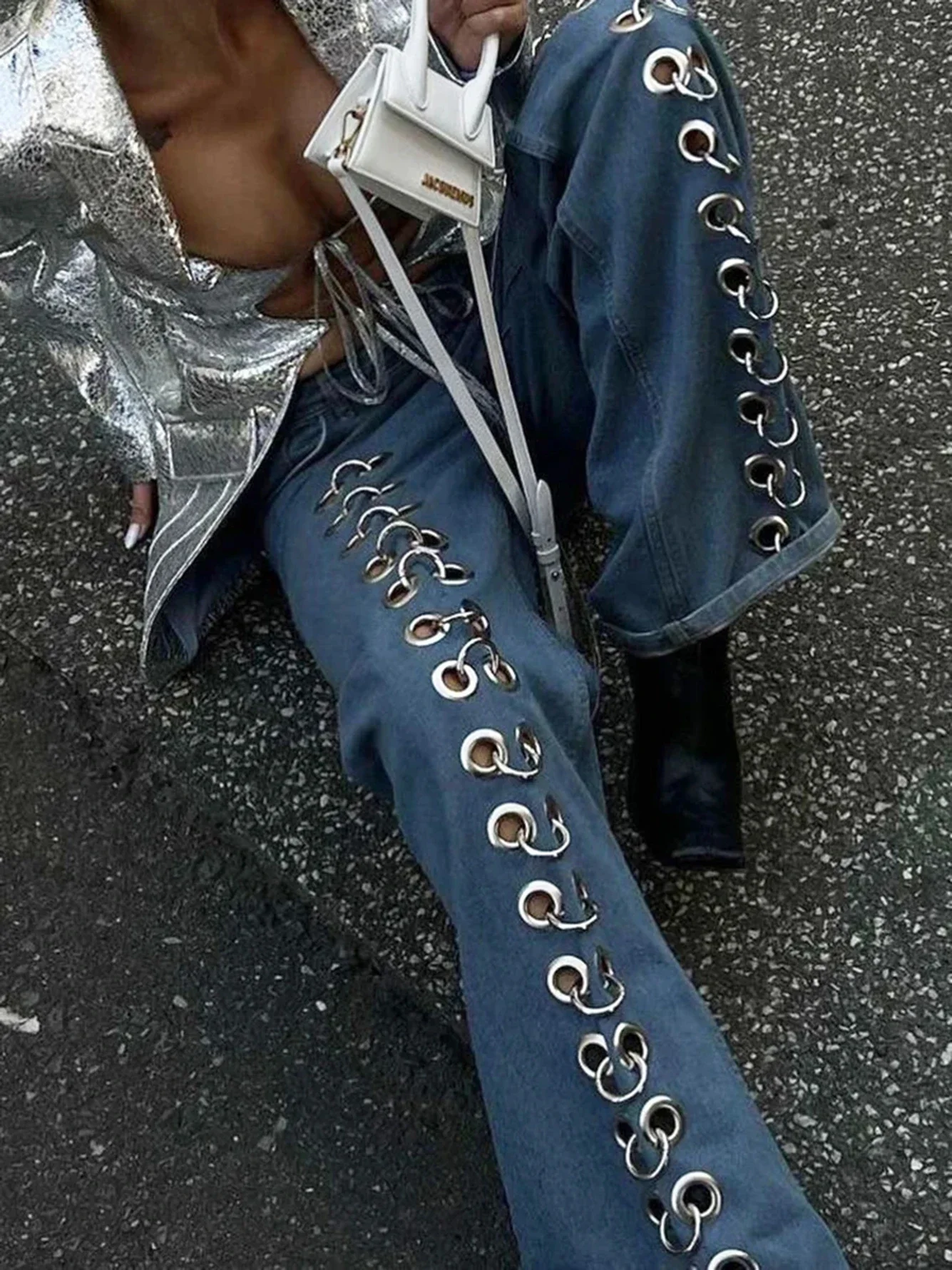 

High Quality 2023 Autumn Fashion Women's Loose Fitting Denim Pants Sexy High Waisted Metal Hollowed Out Straight Blue Jeans