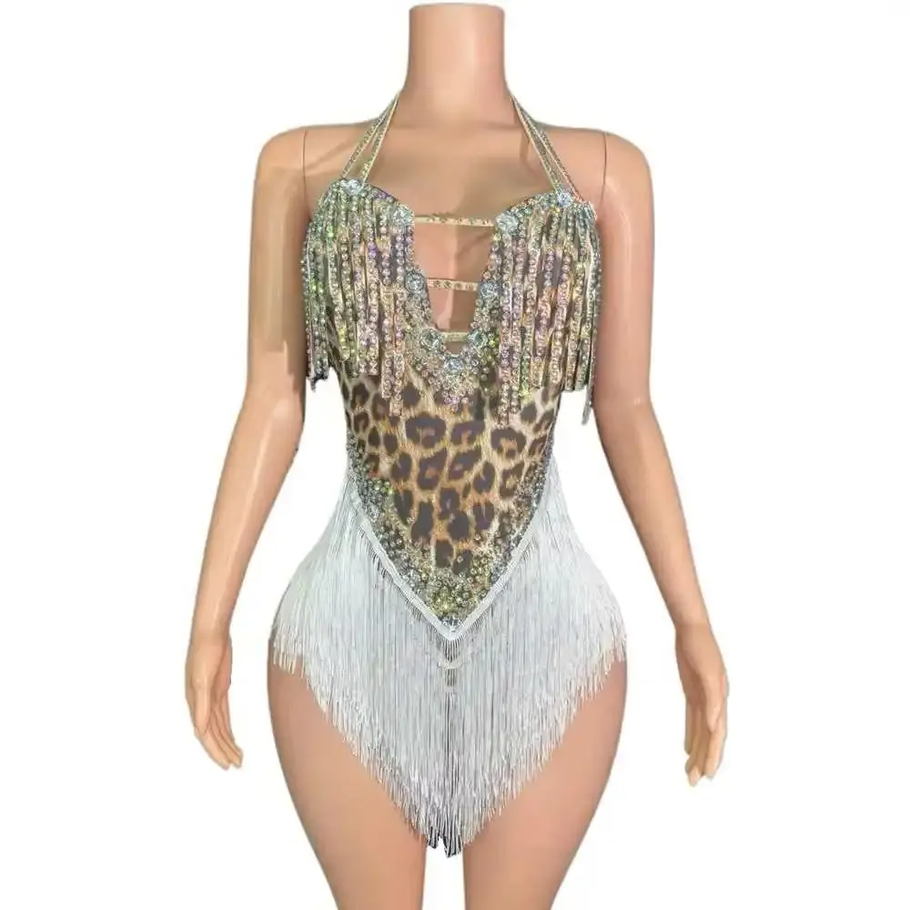 Body con estampado de leopardo y borlas de diamantes de imitación brillantes, traje Sexy con cuello en V y espalda descubierta para actuación de baile, ropa para espectáculo de bailarina y cantante
