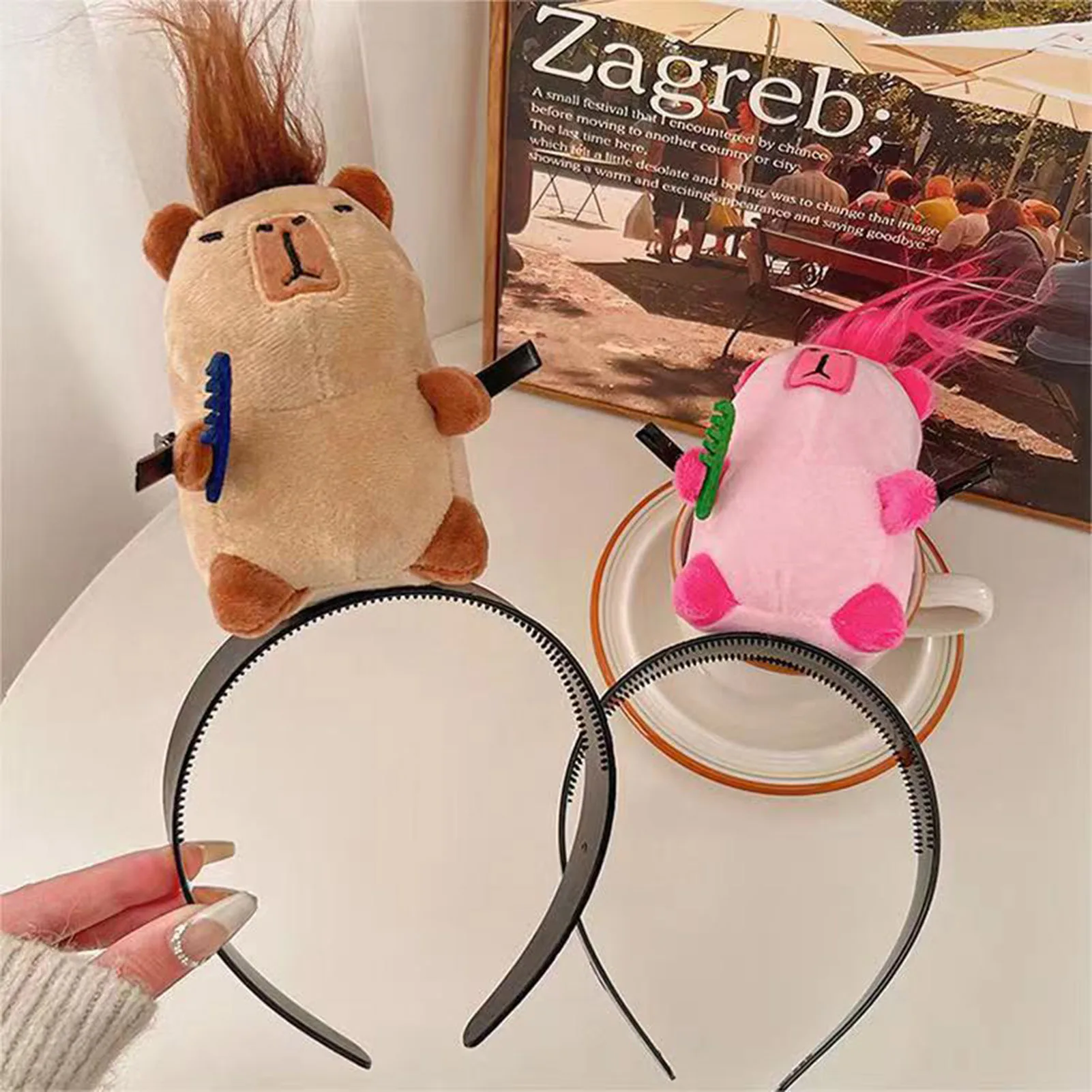 Cartoon Capybara Headband Creative Long Haired Plush Doll Headband Funny Washing Cutting Blowing Hair Hoop Hair Accessories view 3