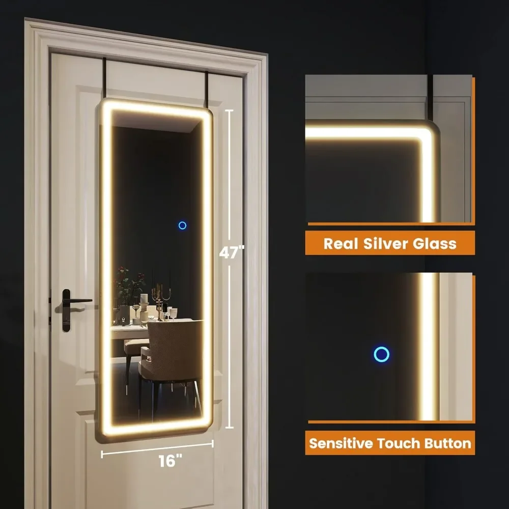 Full Length Mirror with LED Lights，with Hangers Full Body Wall Mirror Aluminum Frame Dimming & 3 Color LED Door Mirror