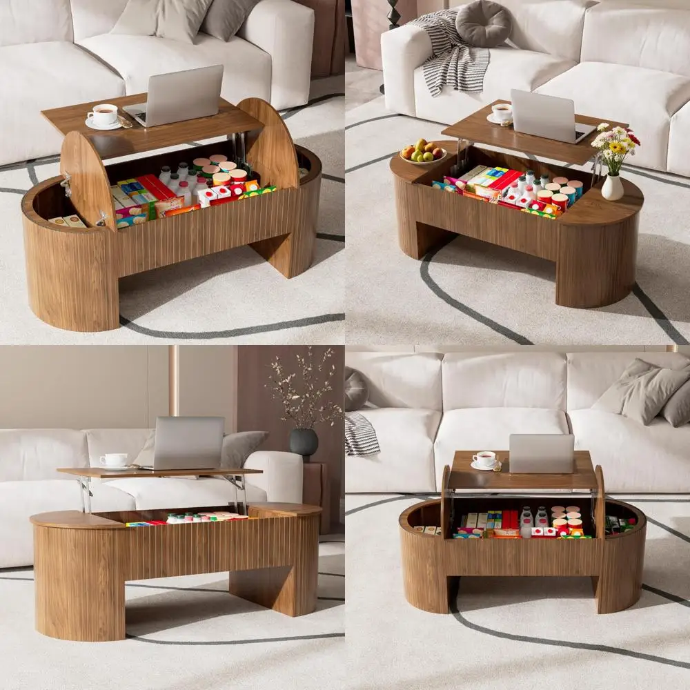 ミッドセンチュリーモダンな楕円形コーヒーテーブル、リフトトップと隠し収納付き、47インチの大型リビングルーム家具