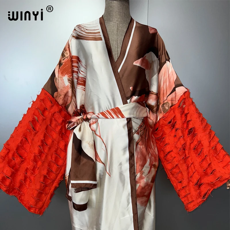 WINYI 着物ファッションマキシドレスビーチウェアカバーアップアバヤドバイ高級カーディガンビーチ衣装女性のためのブロークジーンズ袖コート