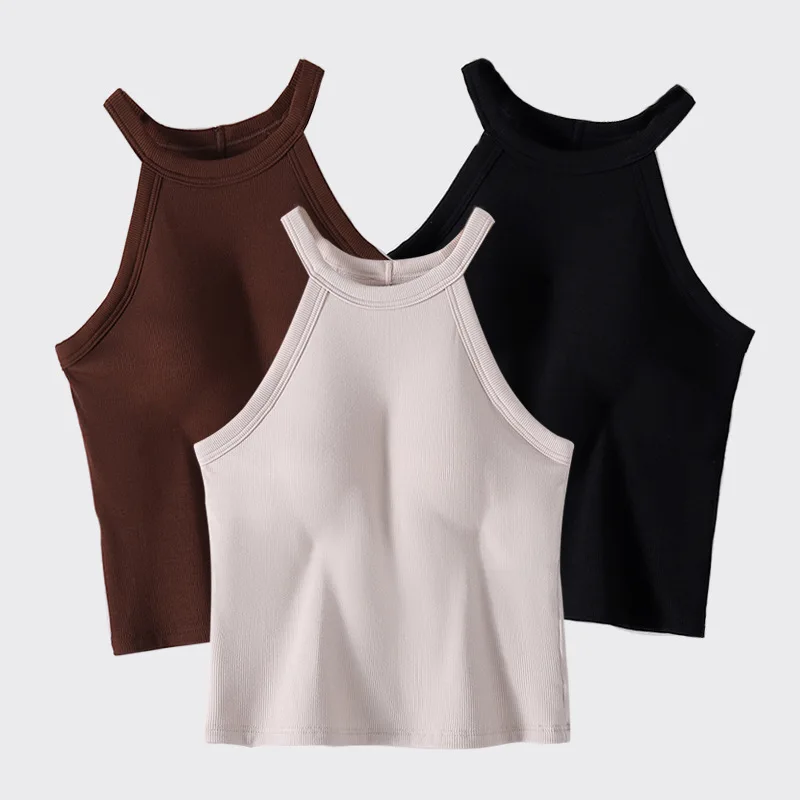 Womens Cotton Camis With Cups Solid color Female Slim Sleeveless Casual Vest Solid Color Crop Lower Cut Top For Ladies