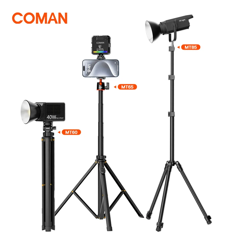 COMAN MT-60 65 85 1,9 M Wysuwany przenośny statyw LED ze stopu aluminium do lampy błyskowej LED Softbox Monopod podróżny