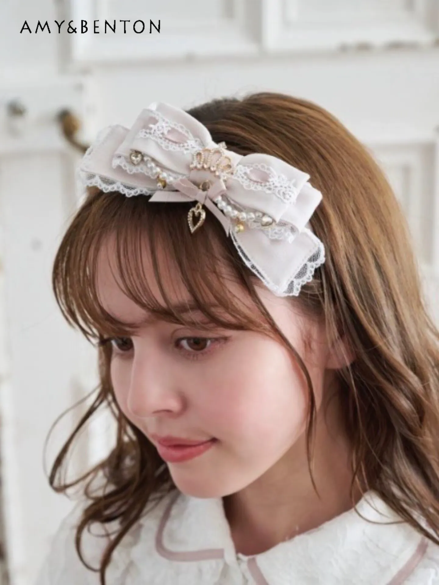 

Lizlisa Cute Girl Lace Pearl Heart Pendant Hair Accessory Japanese Lolita Style Sweet Kawaii Mine Series Mass-Produced Headband