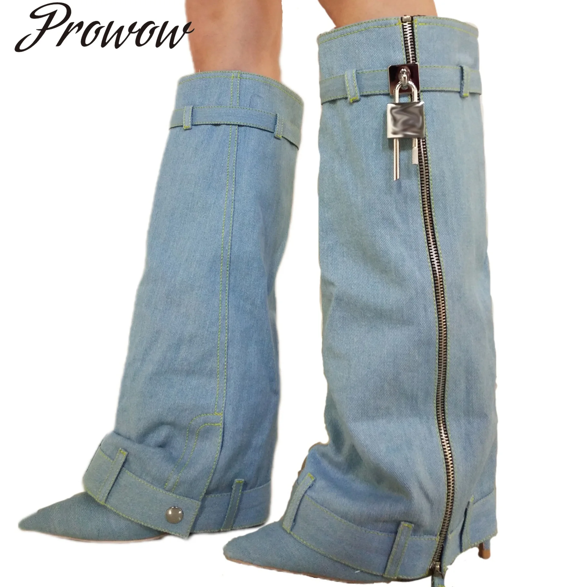 

Новые острые джинсовые сапоги до колена на высоком каблуке с пряжкой и тонким каблуком, женская обувь Zapatos Mujer