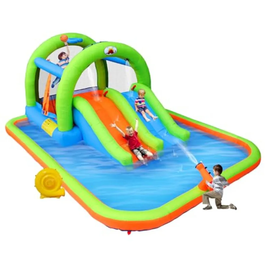

Inflatable Jumping Castle with Blower and Bouncy House with Double Slide with Basketball Ring Jumping Area for 3