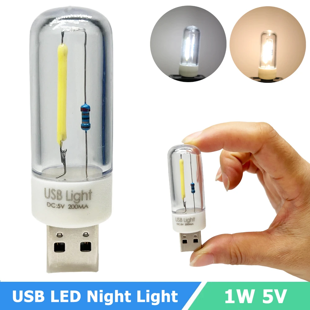 M​ini USB LED Filament Night Light 5V 1W LED Desk Lamp Cool/Warm White LED Bulb USB Charging by Notebook Power Bank LED Light