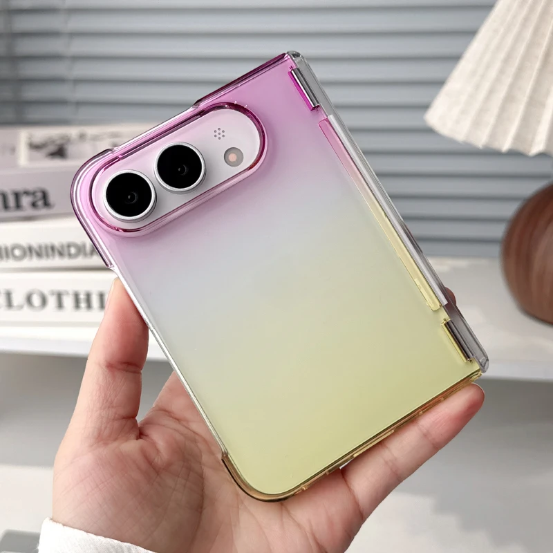 Transparent Color Gradient Hard PC with Central Axis Folding Bumper Phone Case for iPhone Ultra Shockproof Protective Cover