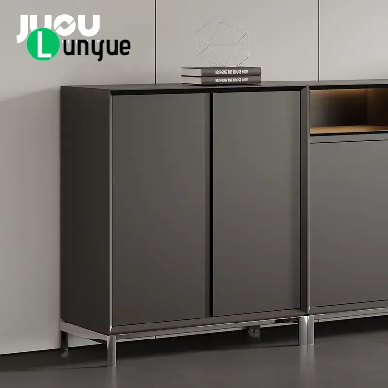 E0 Grade High Density Particle Board Side Cabinet with Black Metal Legs Modern Office Bookcase Wooden File Storage Furniture