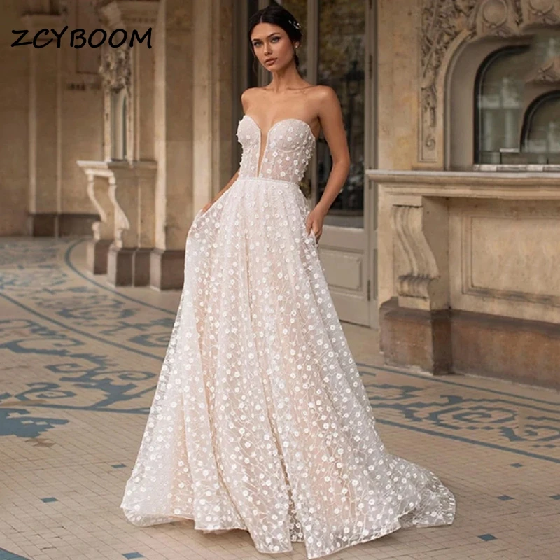 Elegant Strapless Backless Tulle Appliques Lace A-Line Wedding Dresses For Women 2024 Sweep Train Bridal Gown Vestidos De Noiva