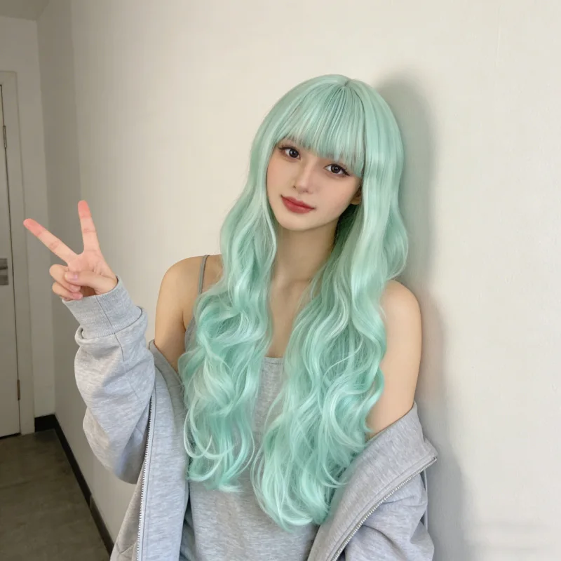 Mint green long wavy curly hair synthetic wig - Halloween cosplay role-playing wig - Daily wig - High-temperature silk wig set