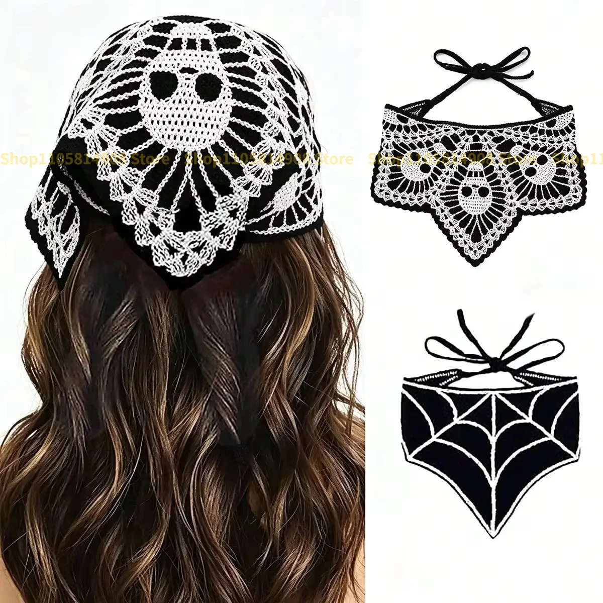 Gothic Crochet Skull Triangle Headscarf, Handmade Cotton Lace Bandana, Halloween Vintage Decorative Hair Accessory for Ladies