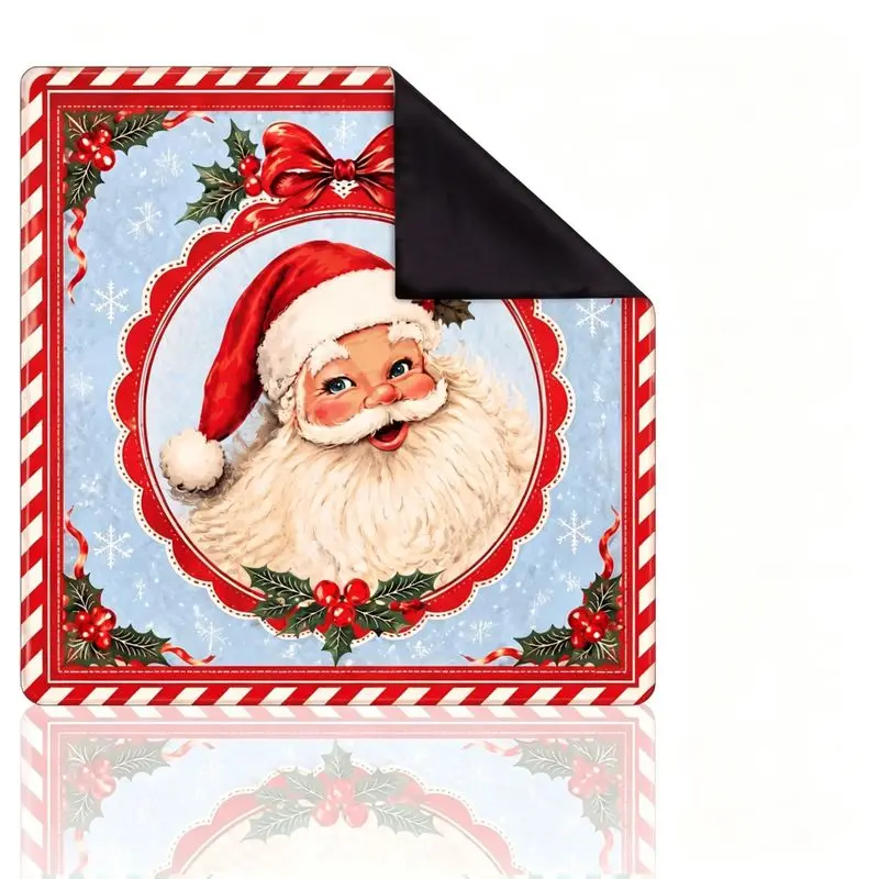 Square Mahjong Table Mat Vintage Santa Claus Holly Bow Snowflake Print Non‑Slip Silent Foldable Game Pad for Xmas Home Decor