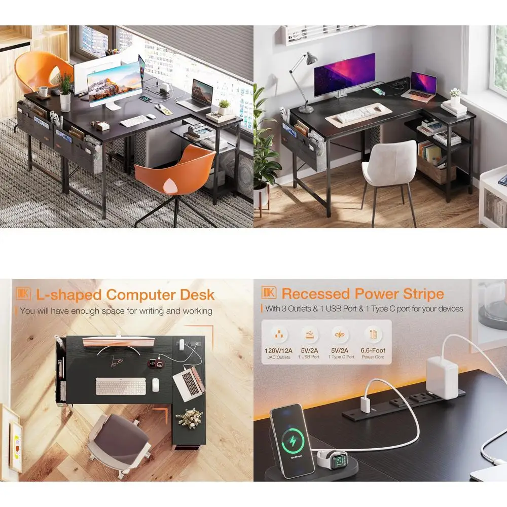 

Компактный L-образный игровой стол 40 дюймов с розетками, переставными полками и подставкой для ПК для домашнего офиса или учебы, черный