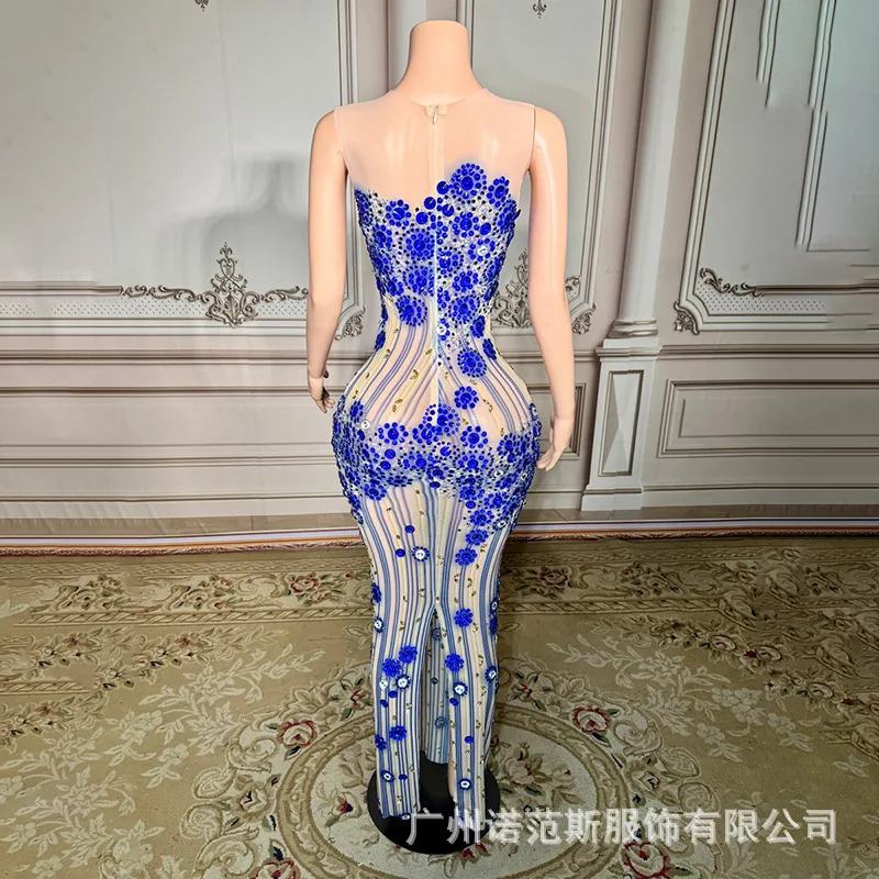 Jaar Niche Licht Luxe Temperament Elegant Blauw Strass Jaarvergadering Lange Gastheerjurk Zanger Prestatiejurk Partykleider