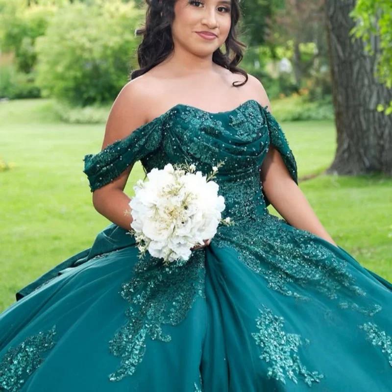

Shiny dark green Quinceanera Dress Lace crystal off-shoulder sequins decal Big Bow vestidos de 15 Quinceanera ﻿Customized
