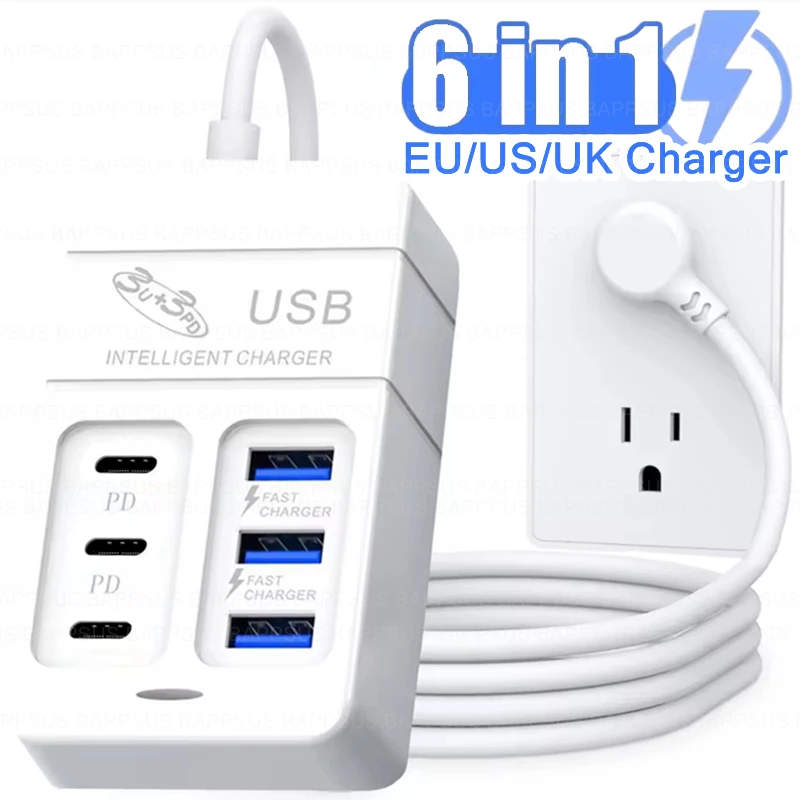 US EU UK Plug 6Ports Multiport USB Charger 35W PD Type-C Mobile Phone Fast Charge Wall Chargers TypeC USB Hub Adapter Universal