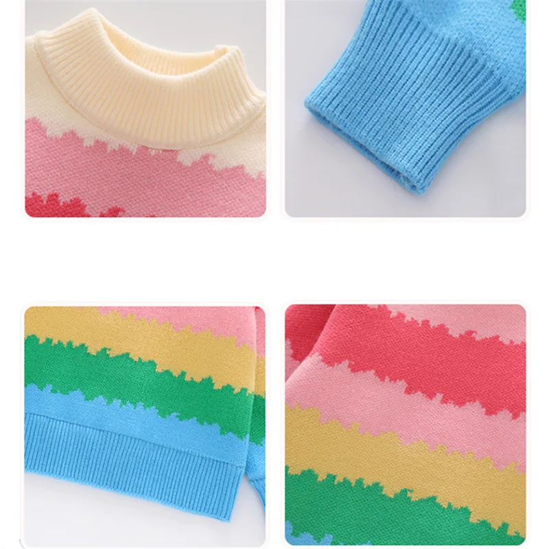 귀여운 소녀 다채로운 무지개 줄무늬 스웨터, 귀여운 아기 키즈 니트 의류, 패션 어린이 하이 스트리트 니트웨어, 4-14 세