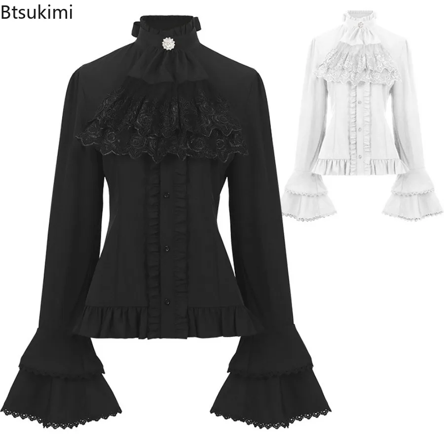 New 2026 Women's Retro Pleated Shirts Top Spring Black White Bottoming Blusas De Mujer Slim Fit Flare Sleeve Gothic Blouses Tops