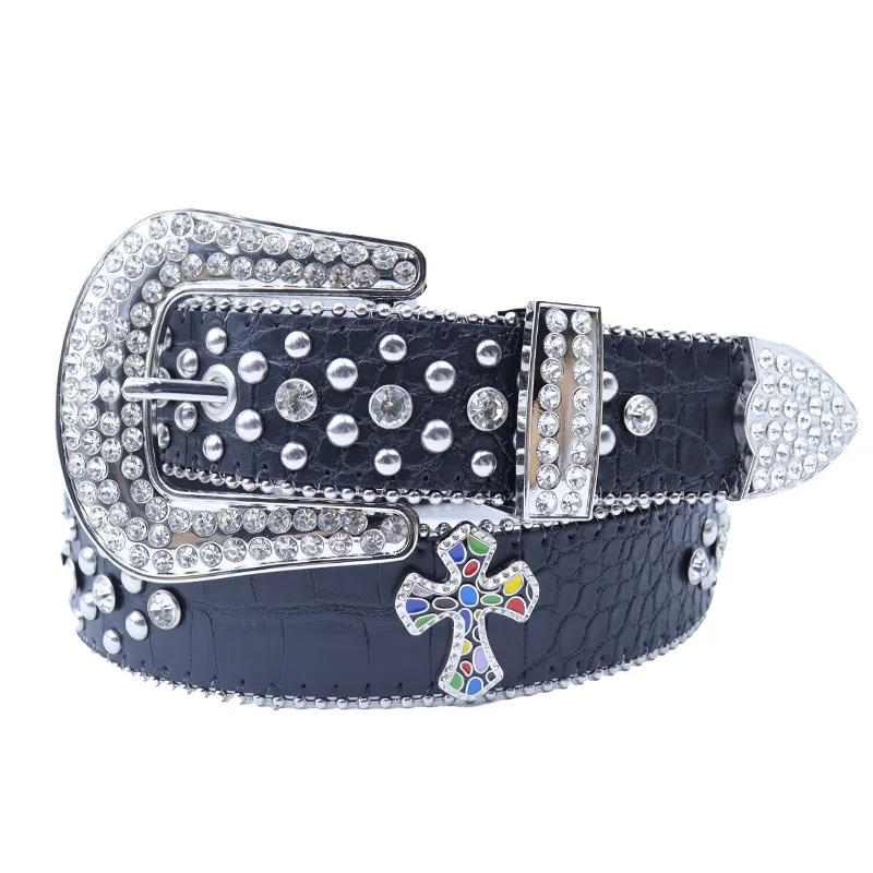 Fashion Punk Men Women BB Western Rhinestone Belt Bling Studded Sparkly y2k PU Leather Belt